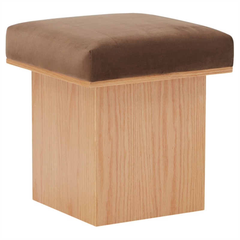 Safavieh Bourke Pine Wood and Velvet  Ottoman in Brown / Natural