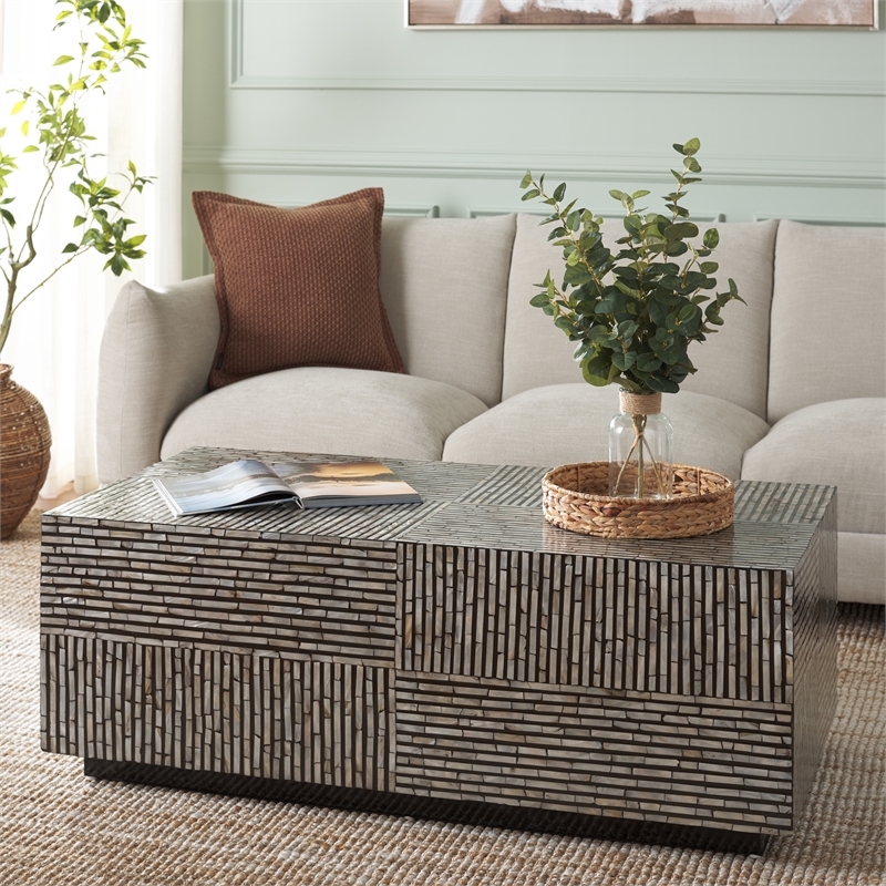 Safavieh Hamza Rectangular Prism Solid Wood Coffee Table in Black/Pearl