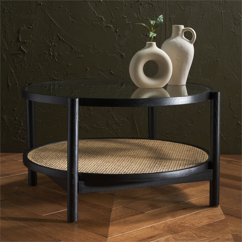 Safavieh Karyna Wood and Rattan and Glass Coffee Table in Black / Natural