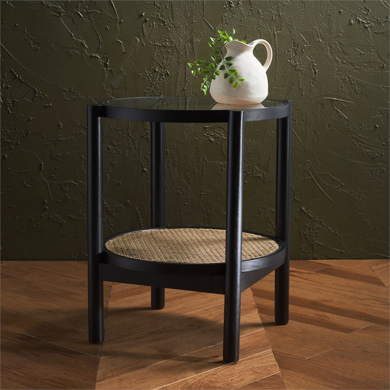 Safavieh Karyna Rattan And Glass Accent Table in Black / Natural