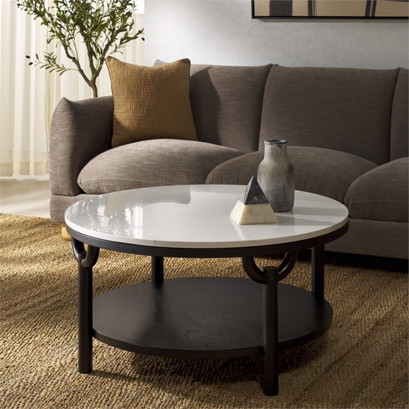 Safavieh Puck Marble Top and Elm Wood Coffee Table in Black / White