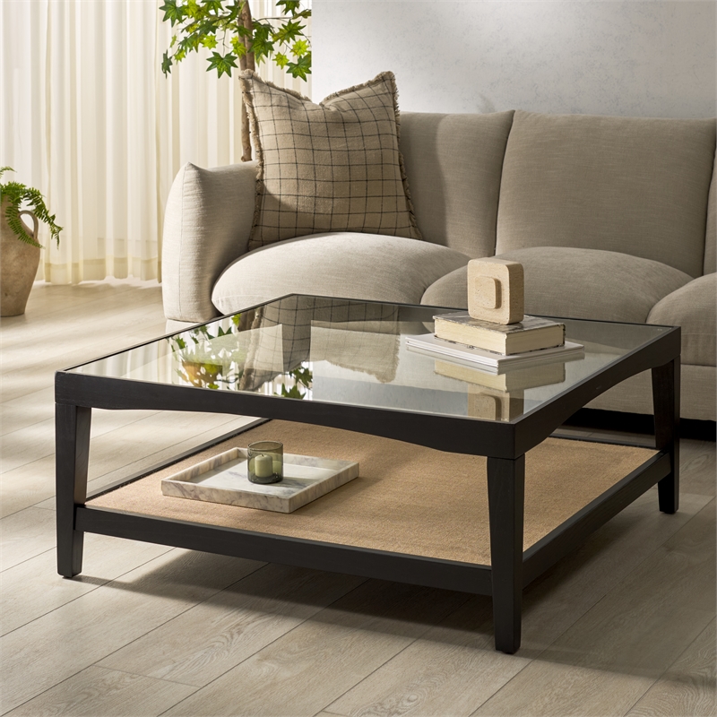 Safavieh Nicolella Square Glass and Linen Coffee Table in Black