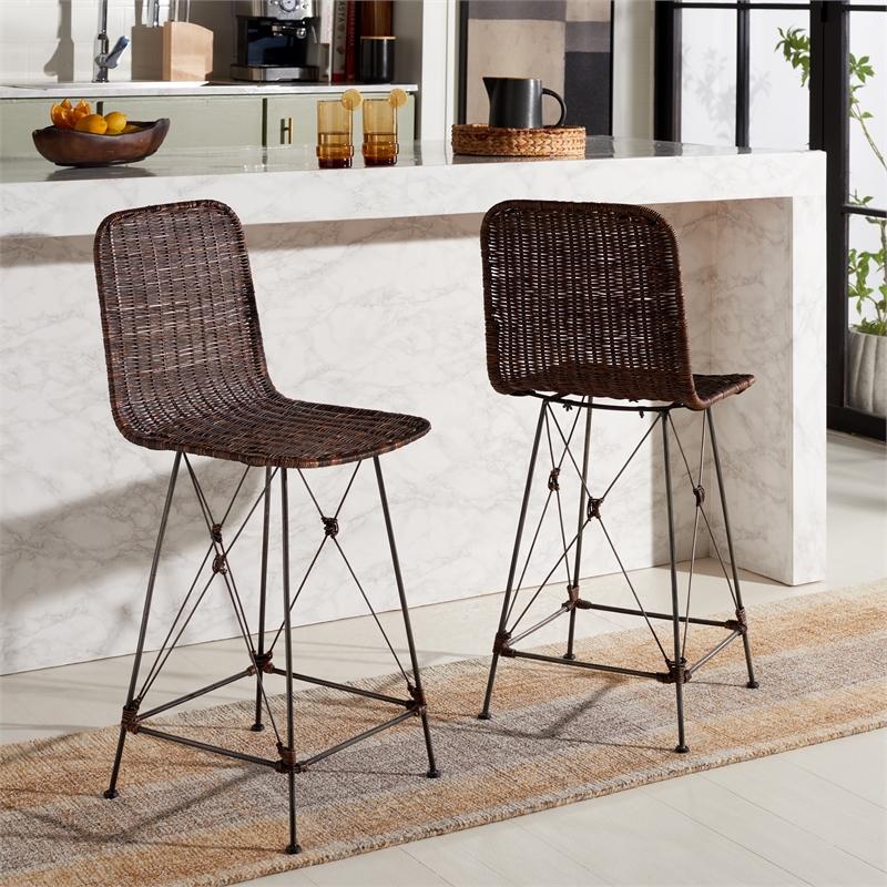 Safavieh Minerva Rattan and Iron Weaved Counter Stool in Brown / Black