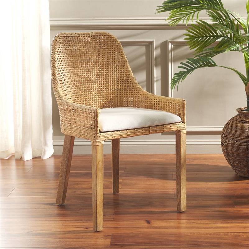 Safavieh Altha Wood and Rattan Dining Chair with Cushion in White / Natural