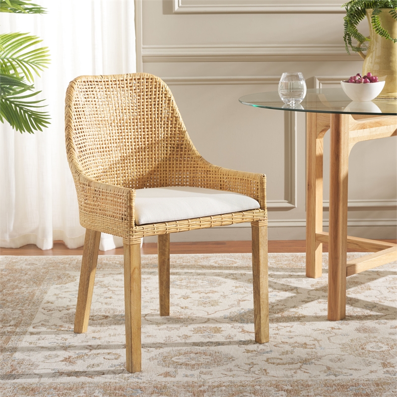 Safavieh Altha Wood and Rattan Dining Chair with Cushion in White / Natural