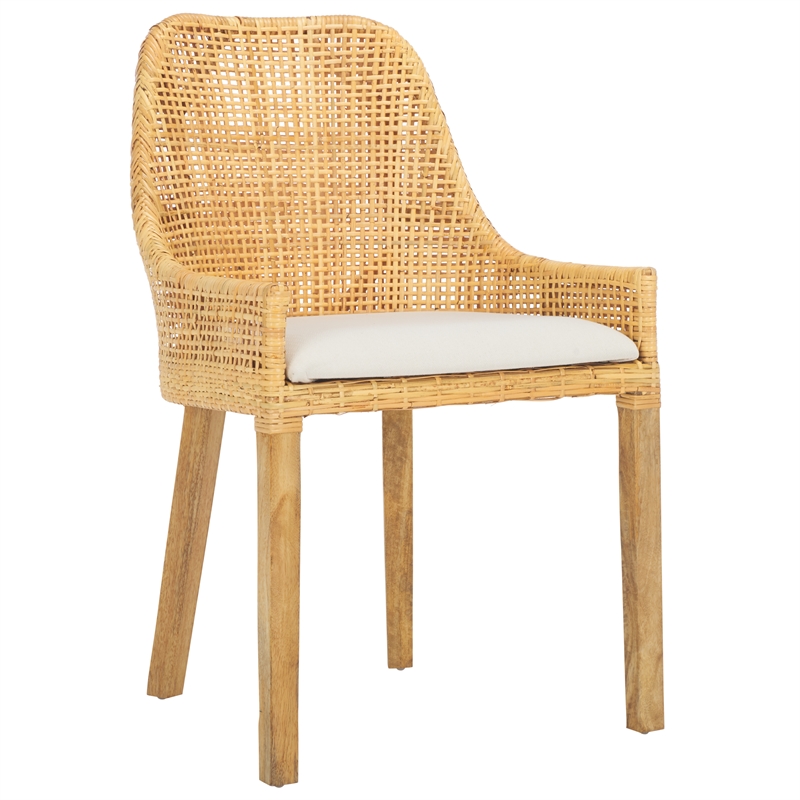 Safavieh Altha Wood and Rattan Dining Chair with Cushion in White / Natural