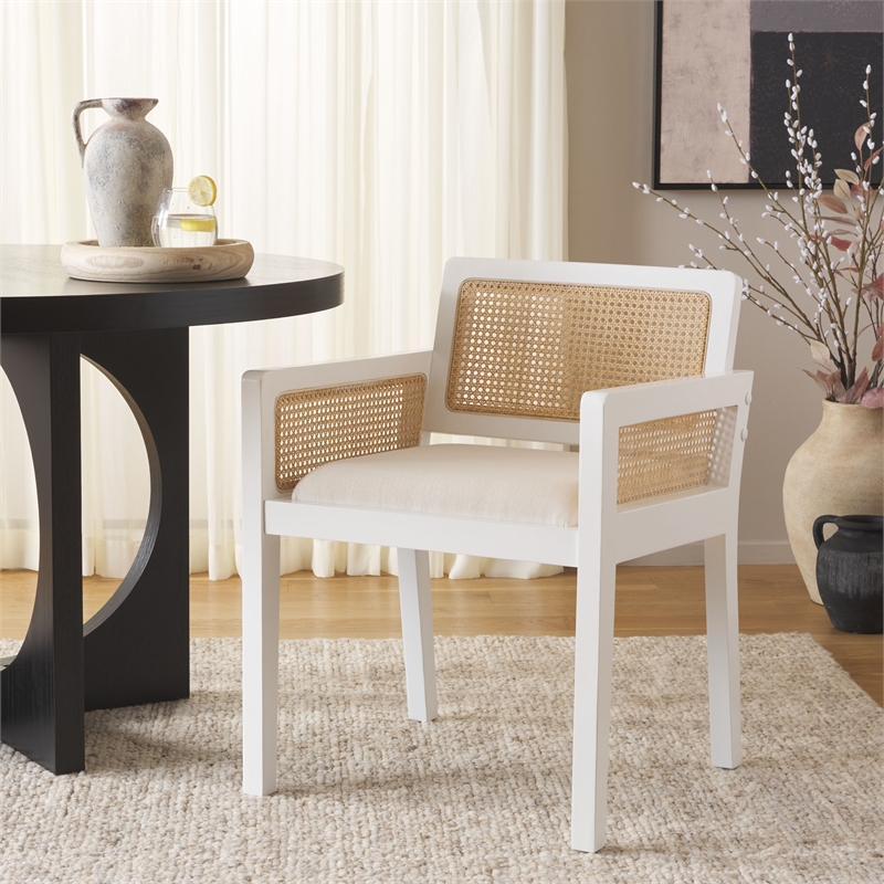 Safavieh Patrina Pine Wood Armed Dining Chair in White / Natural