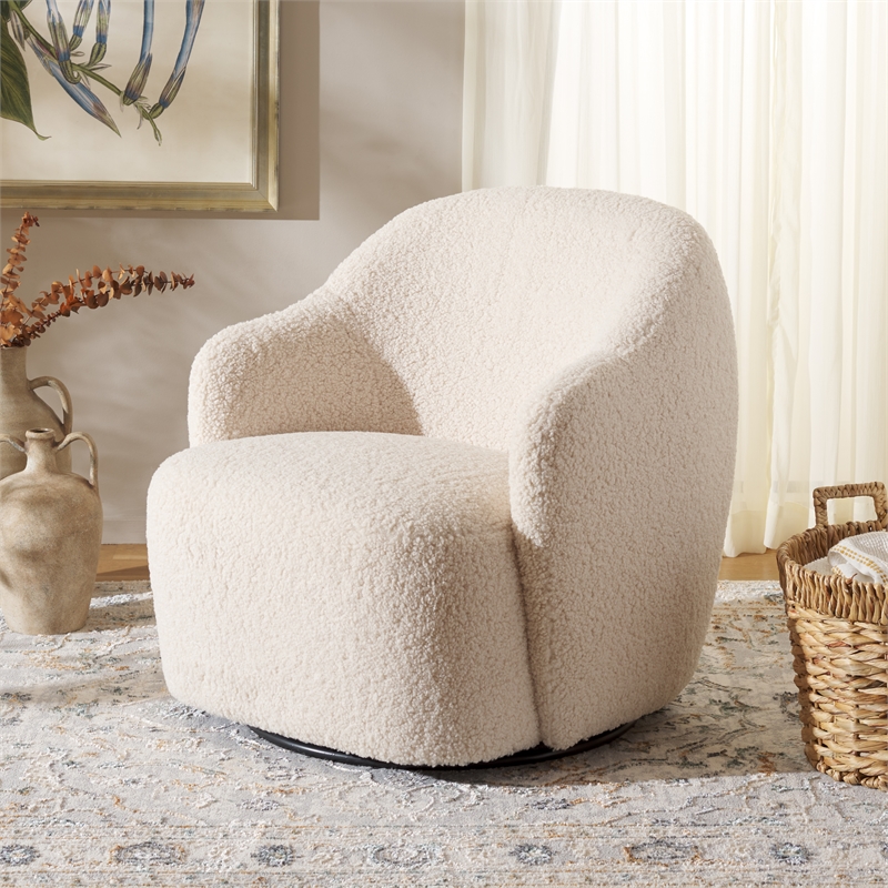 Safavieh Theoden Wood and Iron Swivel Accent Chair in Off White