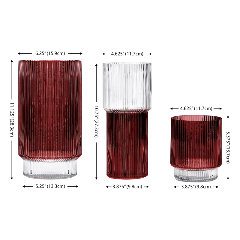 Safavieh Zinc Fluted Glass Vase Set 3 in Cranberry