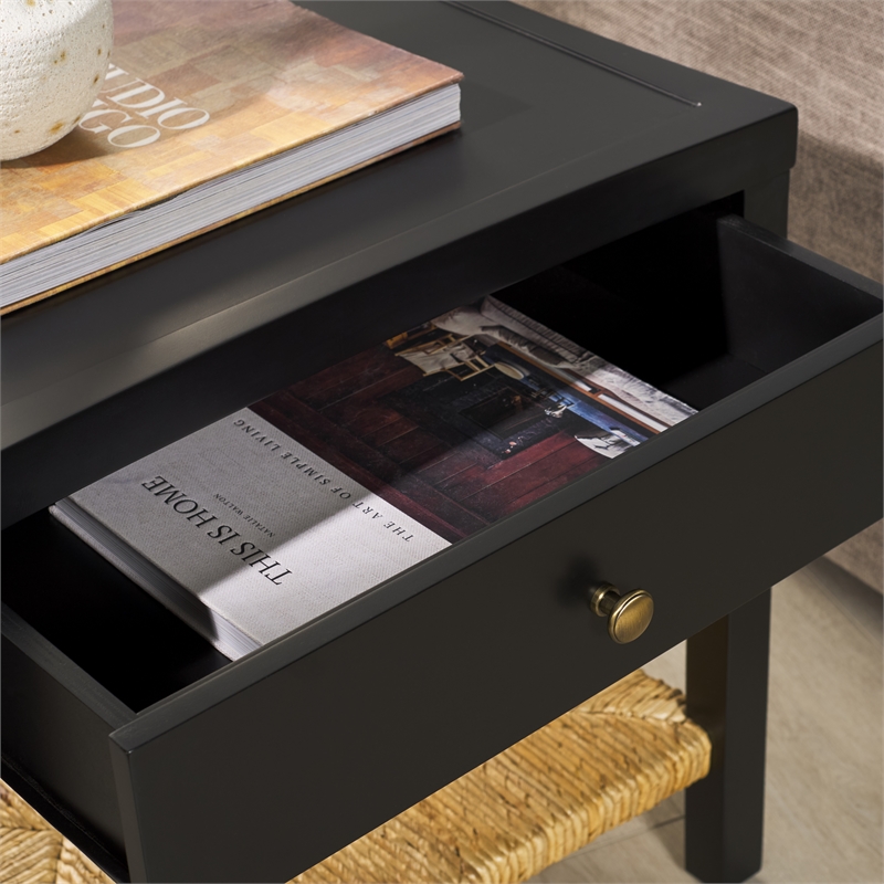 Safavieh Berlynne Wood and Banana Stem Shelf Nightstand in Black / Natural