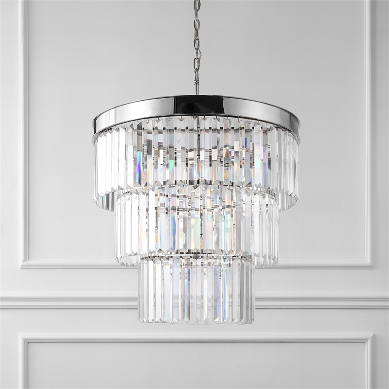 Safavieh Coulette Iron 3 Tier Crystal Chandelier in Nickel