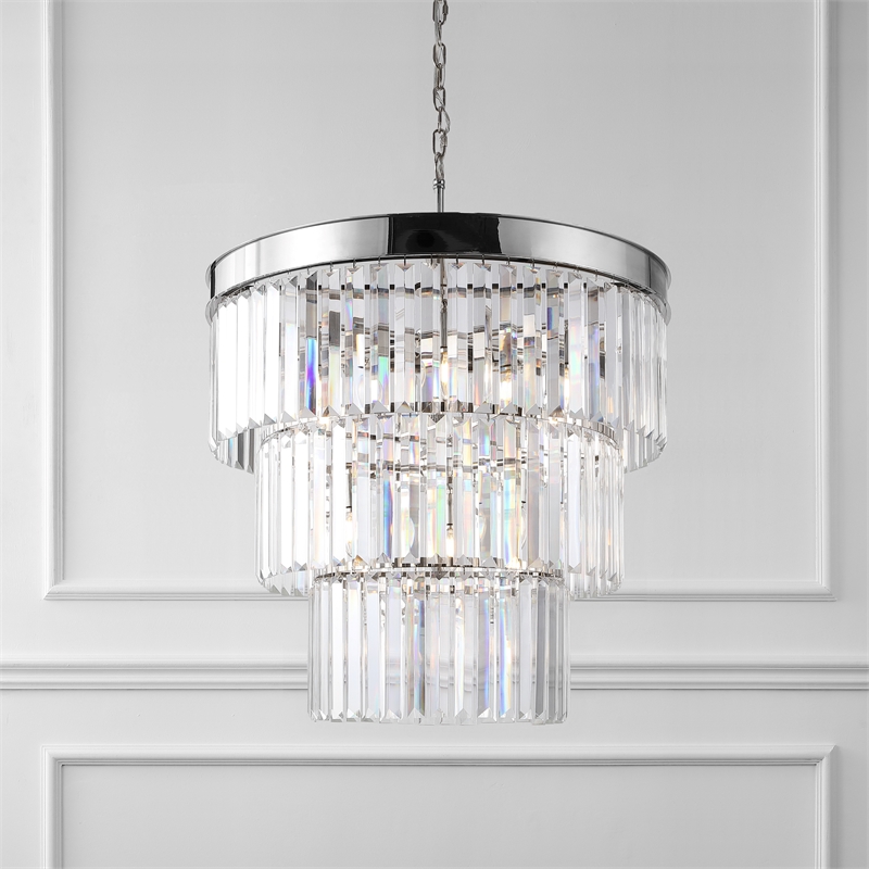 Safavieh Coulette Iron 3 Tier Crystal Chandelier in Nickel