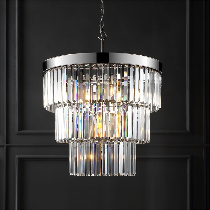 Safavieh Coulette Iron 3 Tier Crystal Chandelier in Nickel