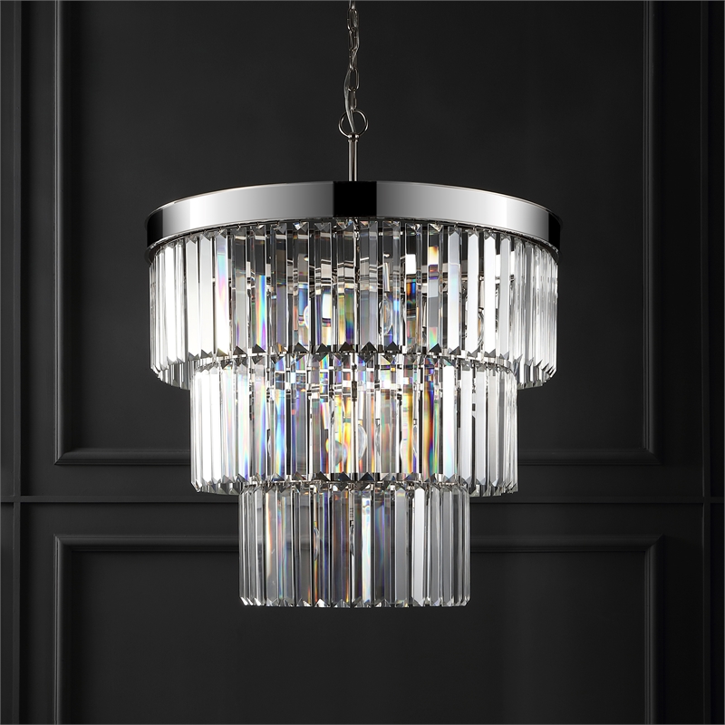 Safavieh Coulette Iron 3 Tier Crystal Chandelier in Nickel