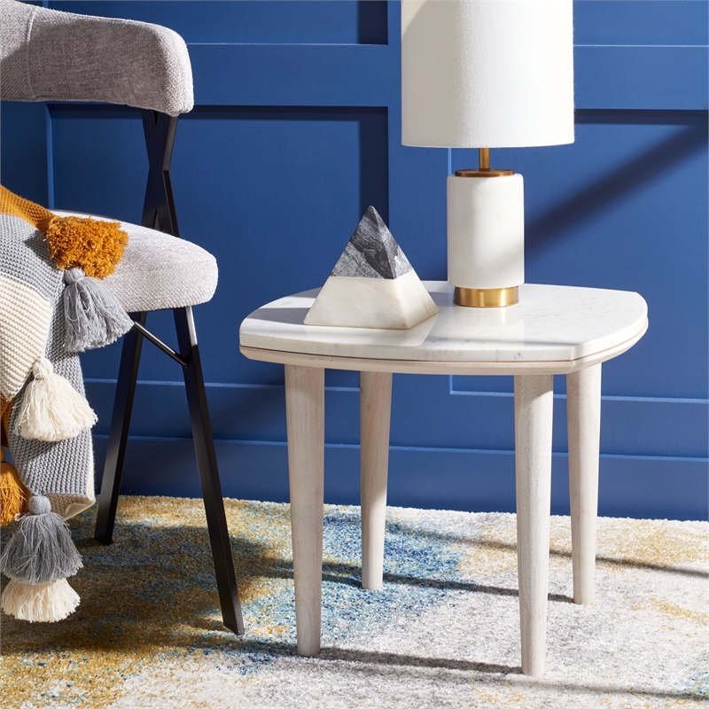 Safavieh Lara Marble and Wood Side Table in White