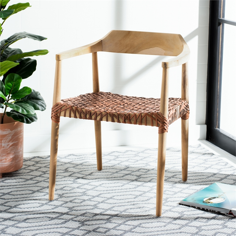 Safavieh Munro Leather and Wood Woven Accent Chair in Natural /Light Brown