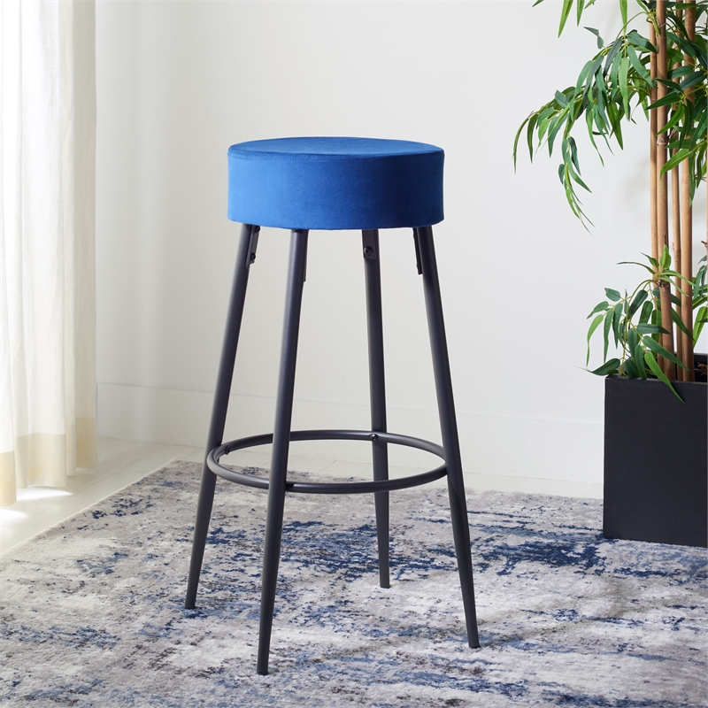 Safavieh Bohden Velvet and Wood Round Bar Stool in Navy / Black