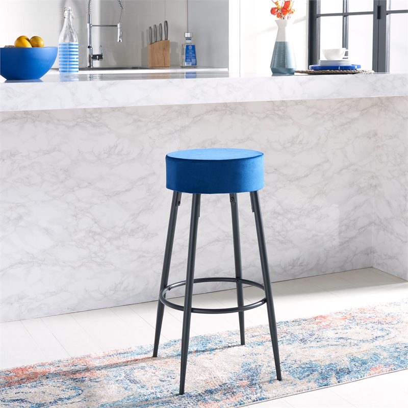 Safavieh Bohden Velvet and Wood Round Bar Stool in Navy / Black