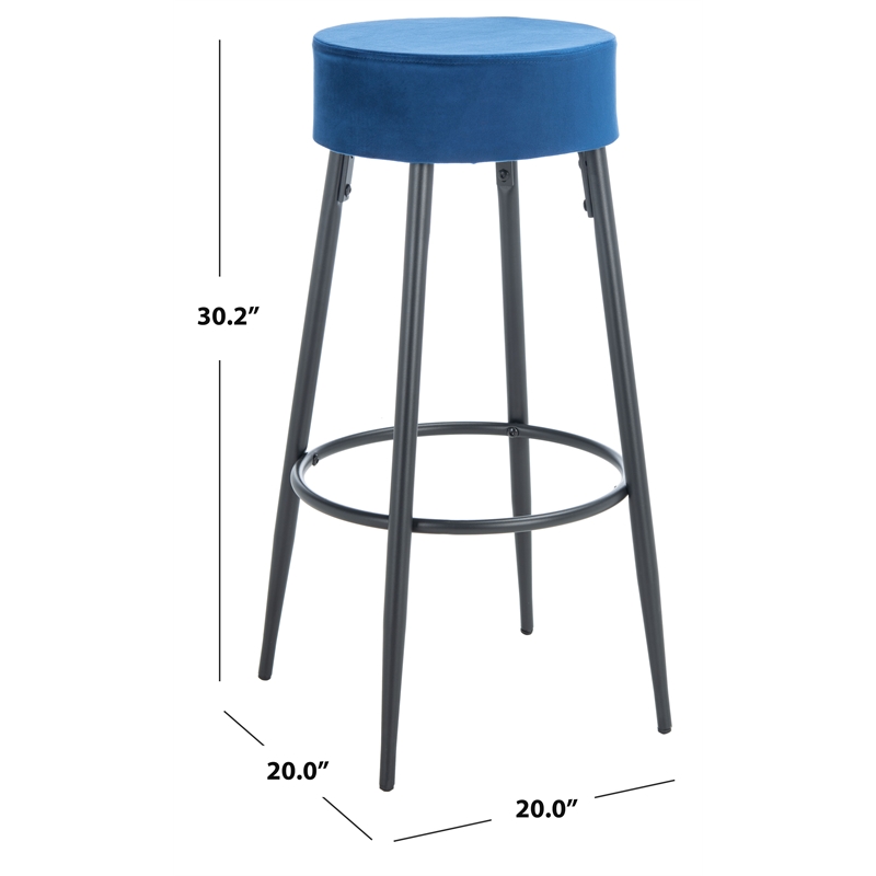 Safavieh Bohden Velvet and Wood Round Bar Stool in Navy / Black