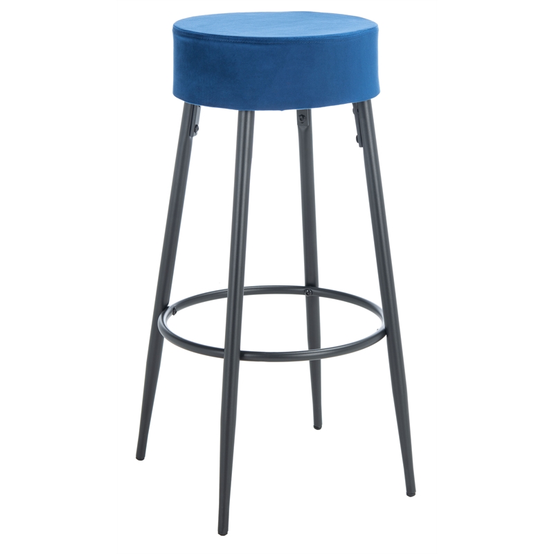 Safavieh Bohden Velvet and Wood Round Bar Stool in Navy / Black