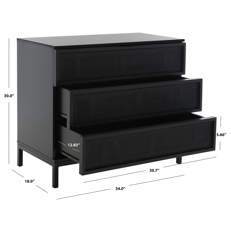 Safavieh Zadie Wood and Metal 3 Drawer Rattan Chest in Black