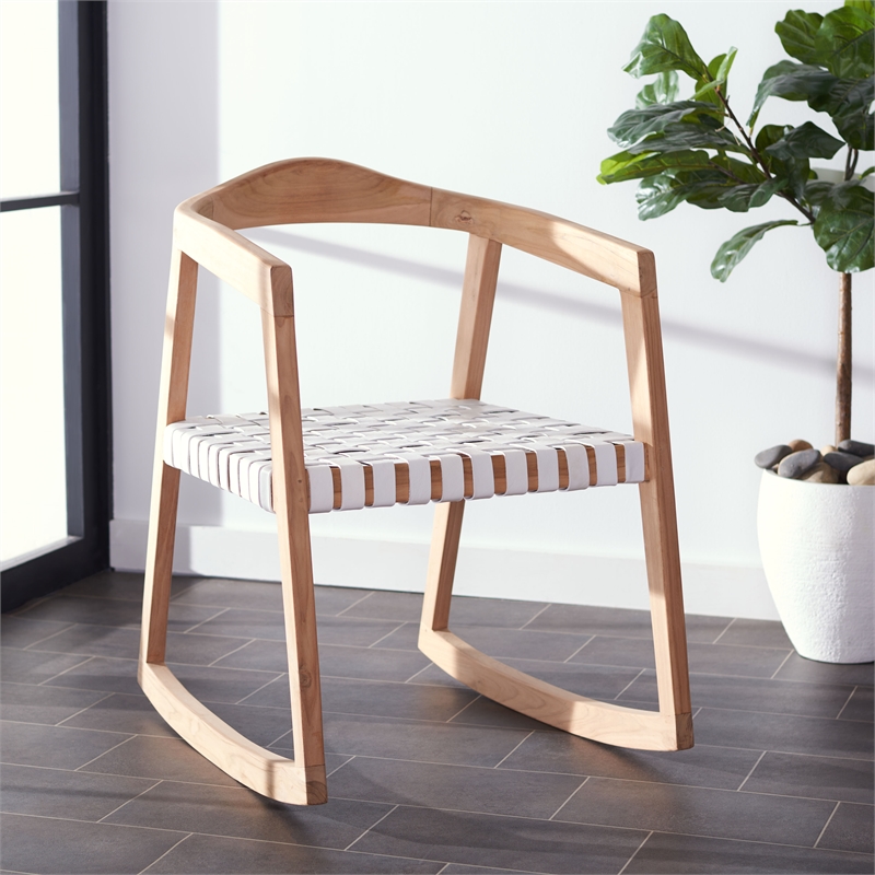 Safavieh Willa Leather and Wood Rocking Dining Chair in White / Natural