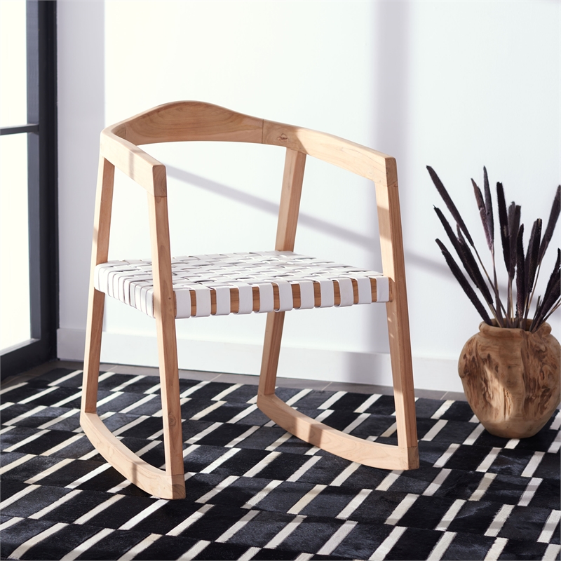 Safavieh Willa Leather and Wood Rocking Dining Chair in White / Natural