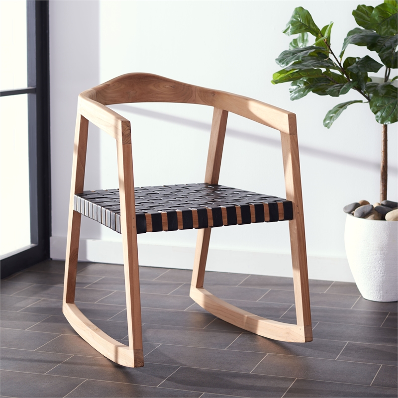 Safavieh Willa Leather and Wood Rocking Dining Chair in Black / Natural