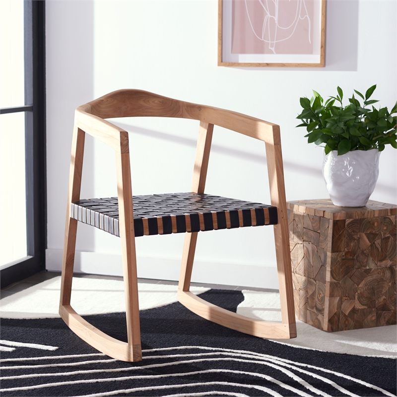 Safavieh Willa Leather and Wood Rocking Dining Chair in Black / Natural