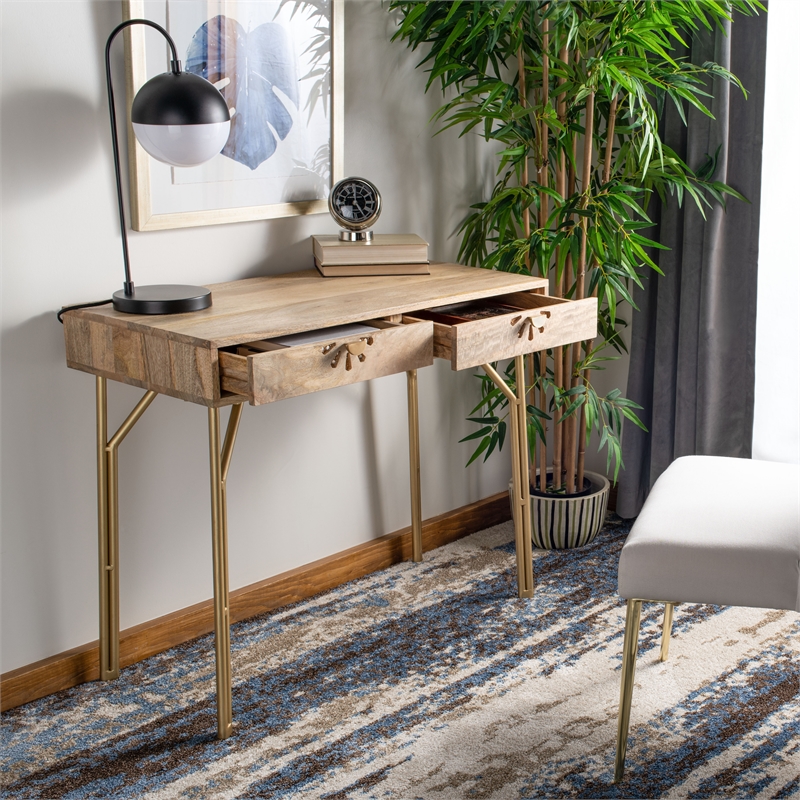 Safavieh Lily Wood and Metal 2 Drawer Desk in Natural / Brass