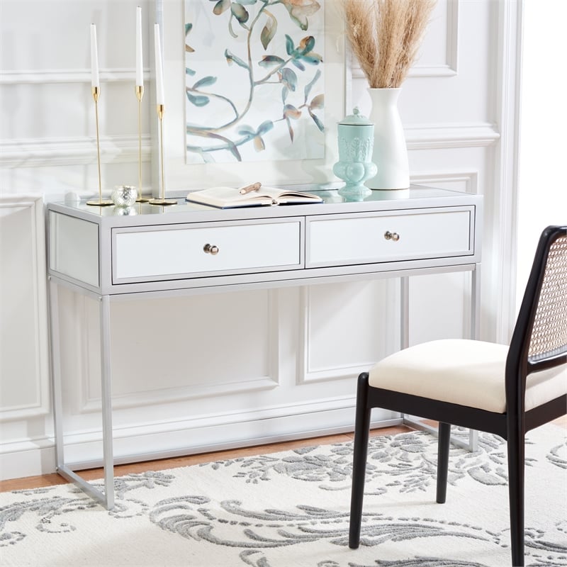Safavieh Aster Wood and Iron 2 Drawer Mirrored Desk in Silver / Mirror