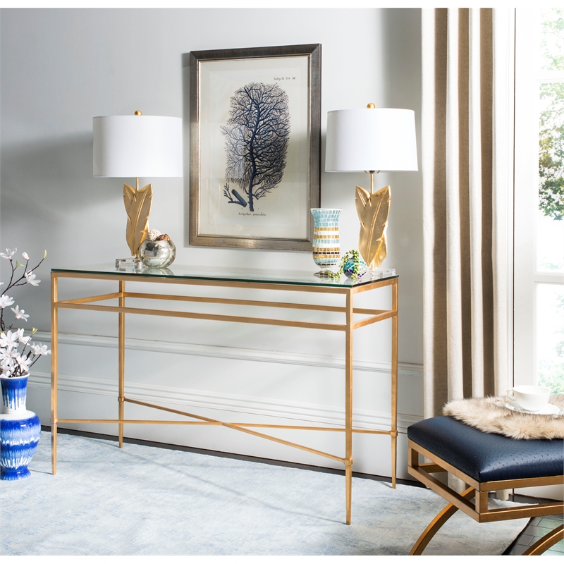 Safavieh Baumgarten Iron and Tempered Glass Console Table in Gold