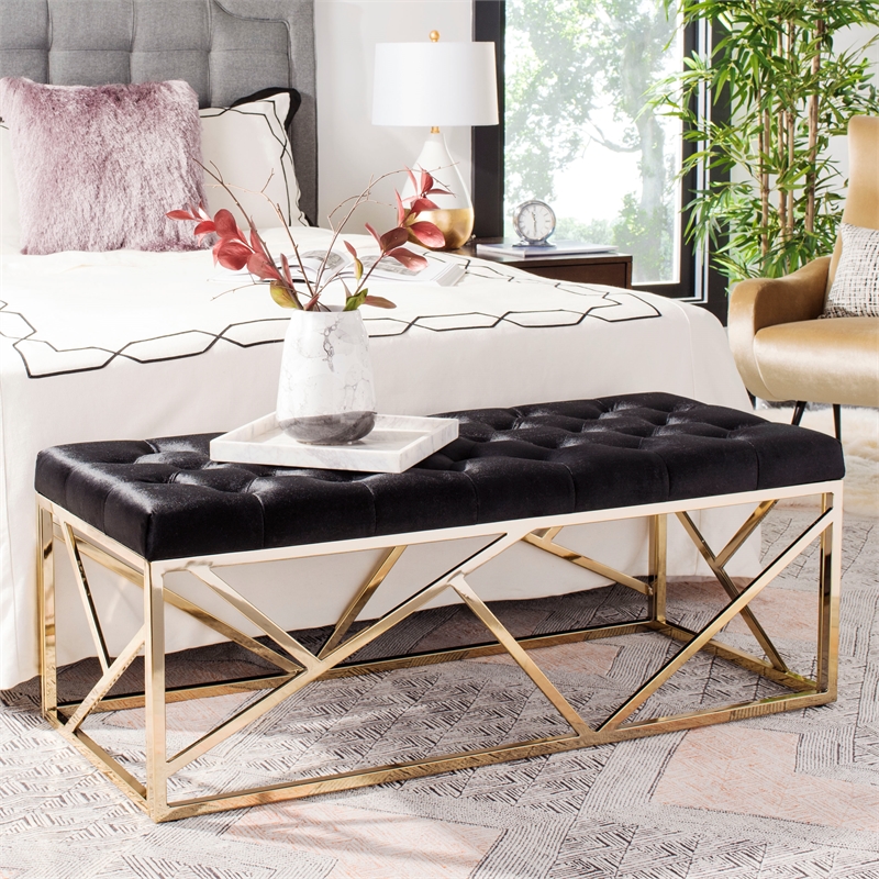 Safavieh Farah Velvet and Metal Tufted Rectangular Bench in Black / Gold