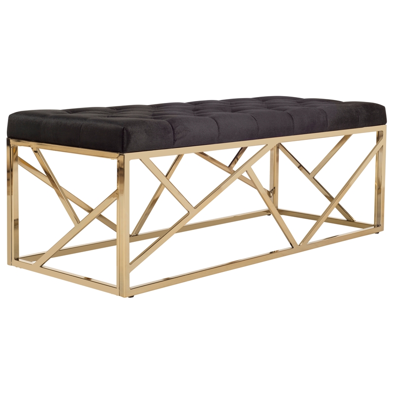 Safavieh Farah Velvet and Metal Tufted Rectangular Bench in Black / Gold
