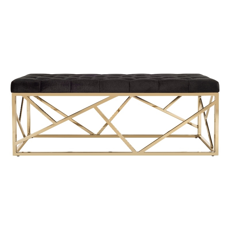 Safavieh Farah Velvet and Metal Tufted Rectangular Bench in Black / Gold