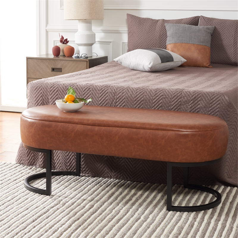 Safavieh Bellezza Leather and Iron Oval Bench in Brown / Black