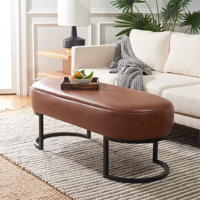 Safavieh Bellezza Leather and Iron Oval Bench in Brown / Black
