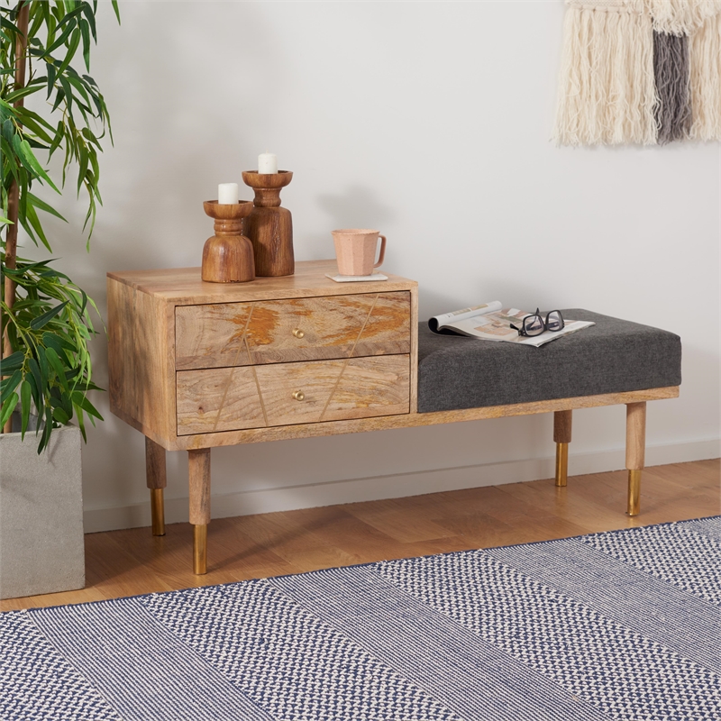 Safavieh Taft Wood and Fabric 2 Drawer Cushion Seated BenchinNatural/Gray