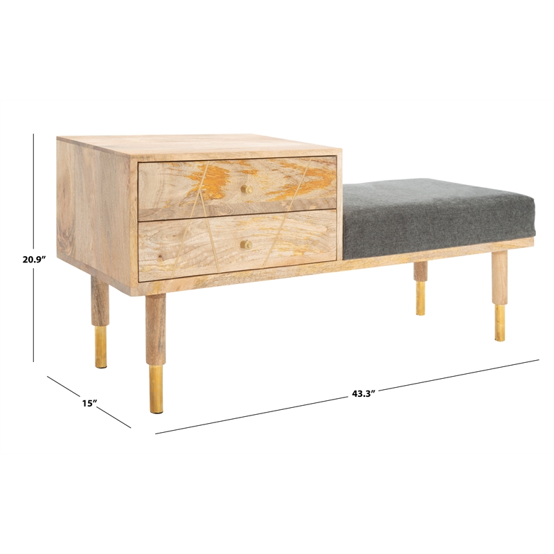 Safavieh Taft Wood and Fabric 2 Drawer Cushion Seated BenchinNatural/Gray