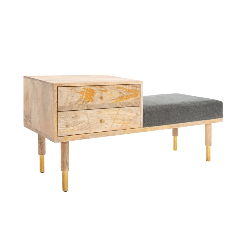 Safavieh Taft Wood and Fabric 2 Drawer Cushion Seated BenchinNatural/Gray