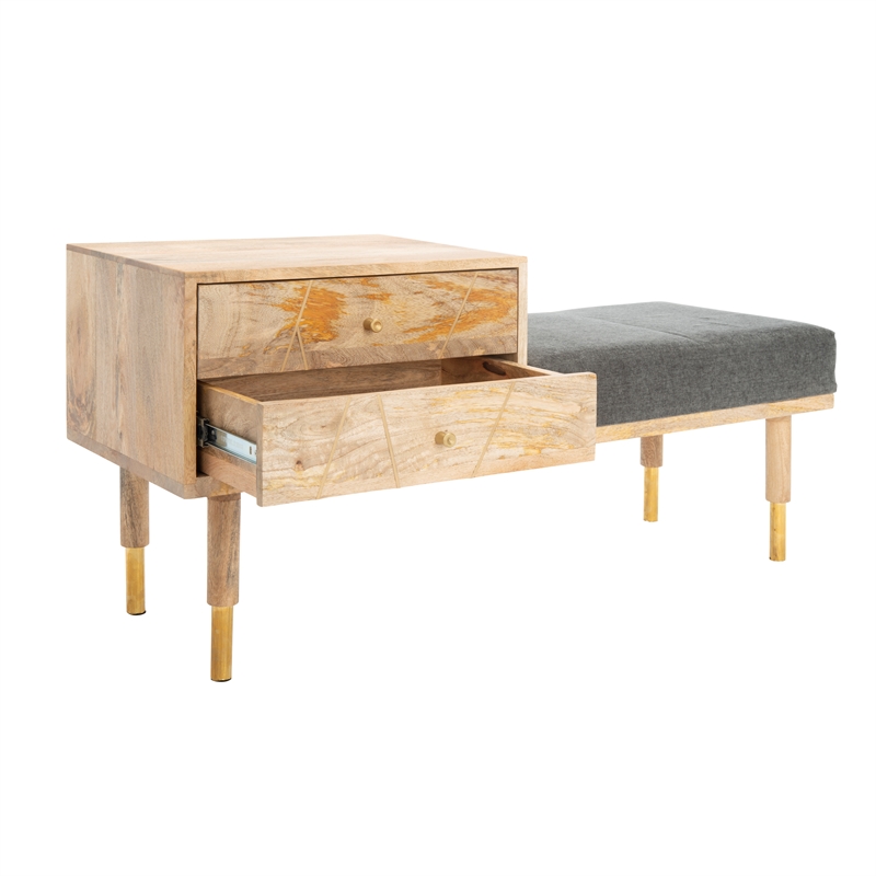 Safavieh Taft Wood and Fabric 2 Drawer Cushion Seated BenchinNatural/Gray