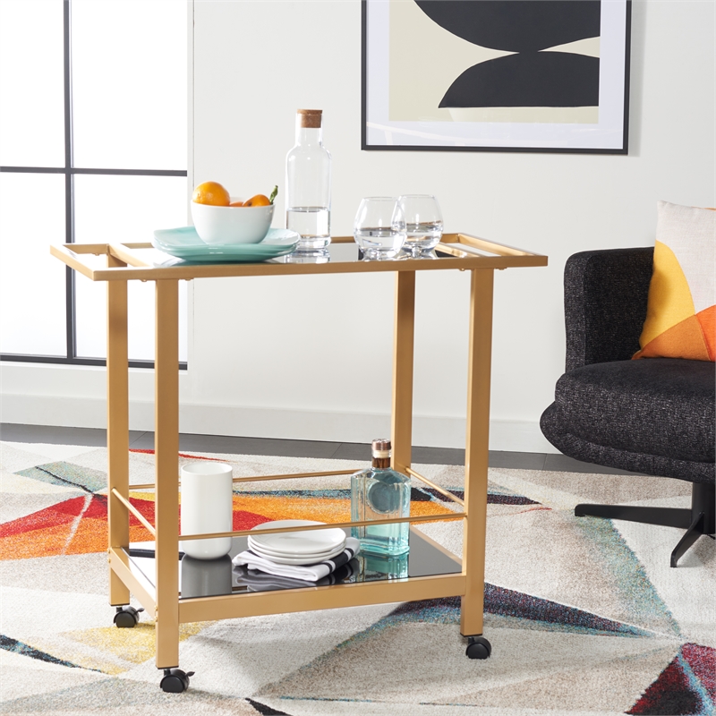 Safavieh Gaelle Iron and Glass 2 Tier Bar Cart With Handles in Gold / Black