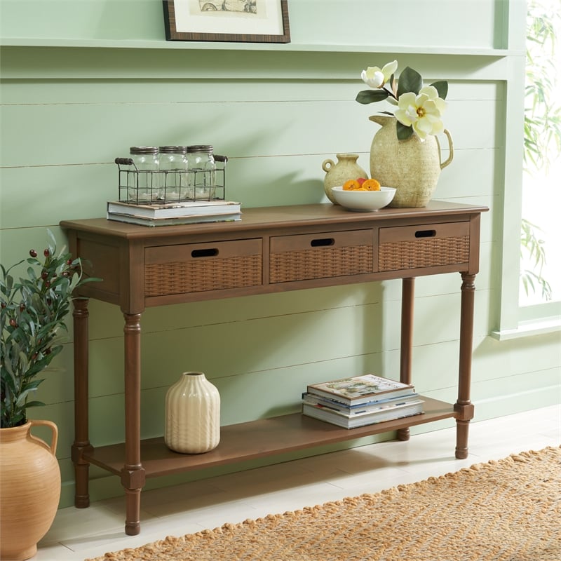 Safavieh Landers Wood 3 Drawer Console Table in Brown