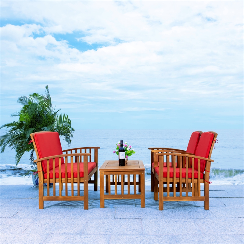 Safavieh Rocklin Wood 4 Pc Outdoor Set  in Natural / Red
