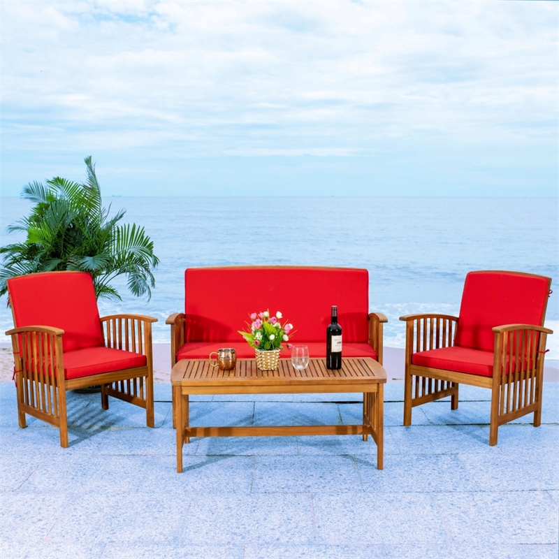 Safavieh Rocklin Wood 4 Pc Outdoor Set  in Natural / Red
