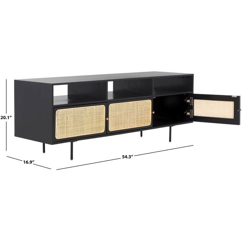 Safavieh Karol Wood and Iron 3 Door Cane Media Stand in Black / Natural