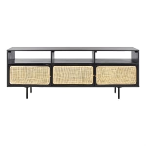 Safavieh Karol Wood and Iron 3 Door Cane Media Stand in Black / Natural