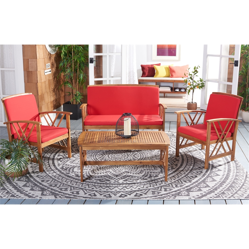 Safavieh Fontana Wood 4 Pc Outdoor Set in Natural / Red