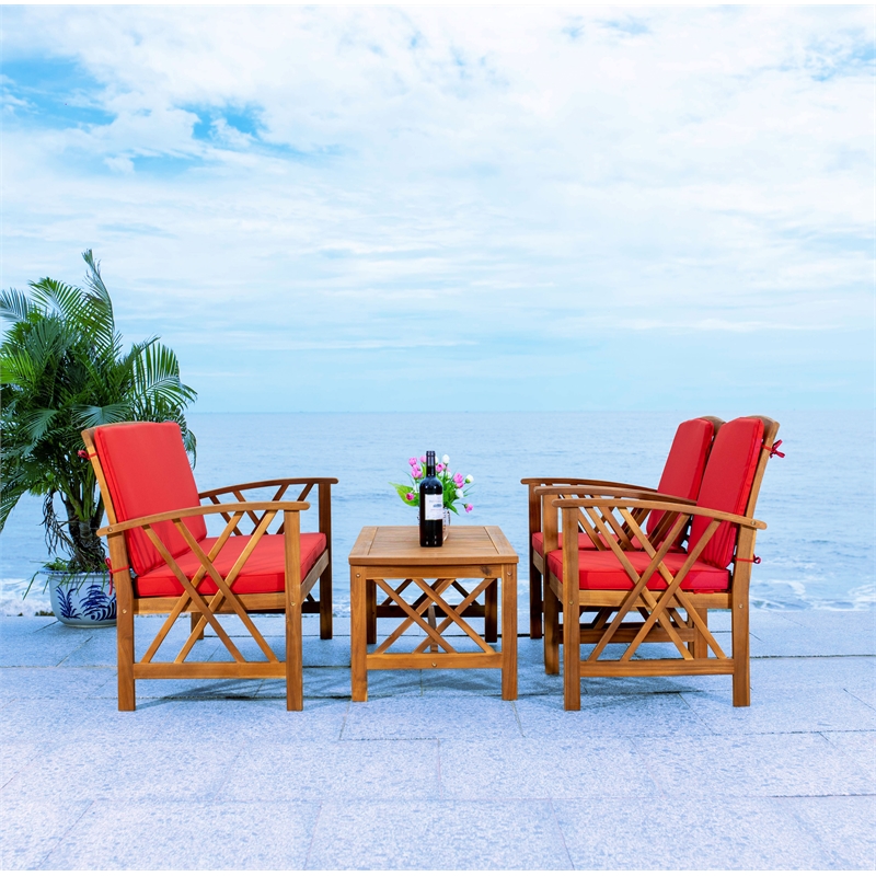 Safavieh Fontana Wood 4 Pc Outdoor Set in Natural / Red