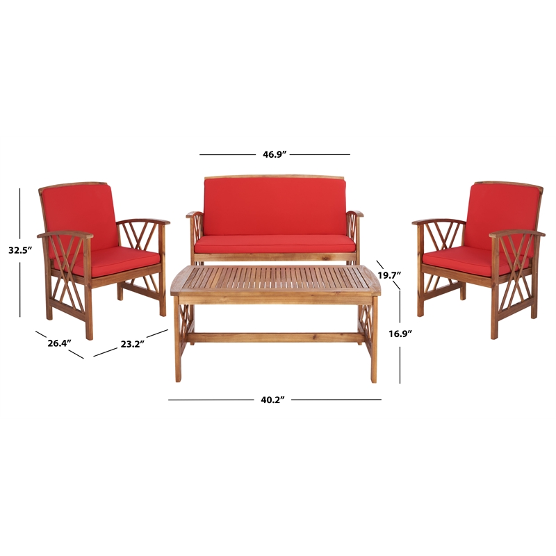 Safavieh Fontana Wood 4 Pc Outdoor Set in Natural / Red